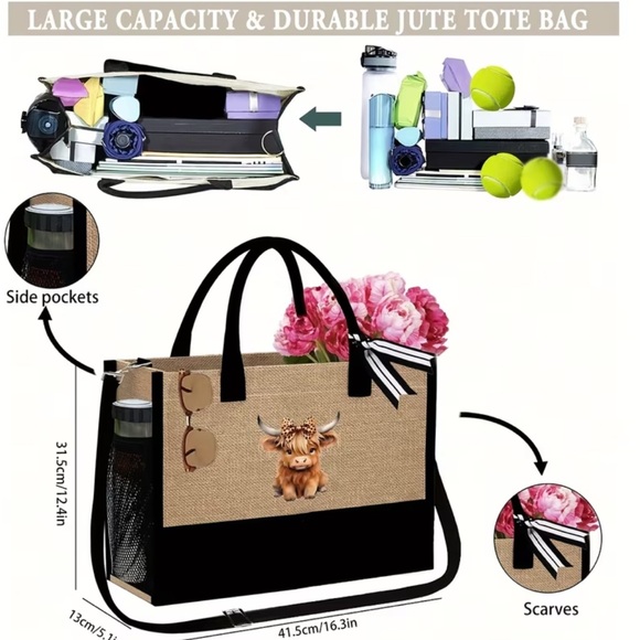 Cute Cow Print Beach Tote 3 piece set - Picture 3 of 8